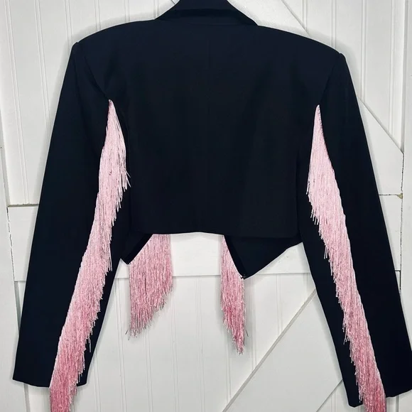 Nasty Gal Premium Tassel Trim Blazer Black with Pink Fringe Size 0 - Picture 7 of 9